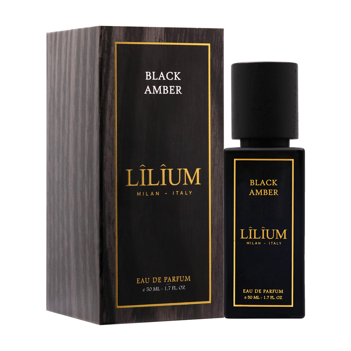 Black Amber eau de parfum 50 ML by LÎLÎUM Milan, dark glass bottle with gold lettering and wooden cap