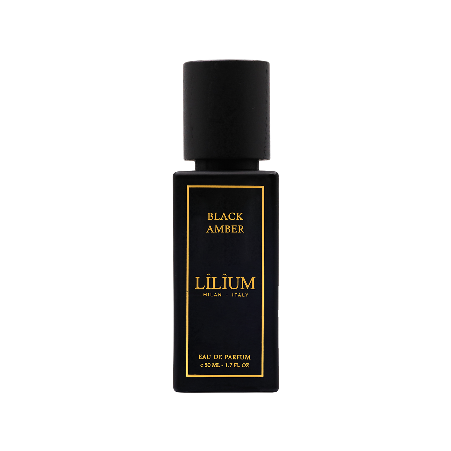 Black Amber eau de parfum 50 ML by LÎLÎUM Milan, dark glass bottle with gold lettering and wooden cap