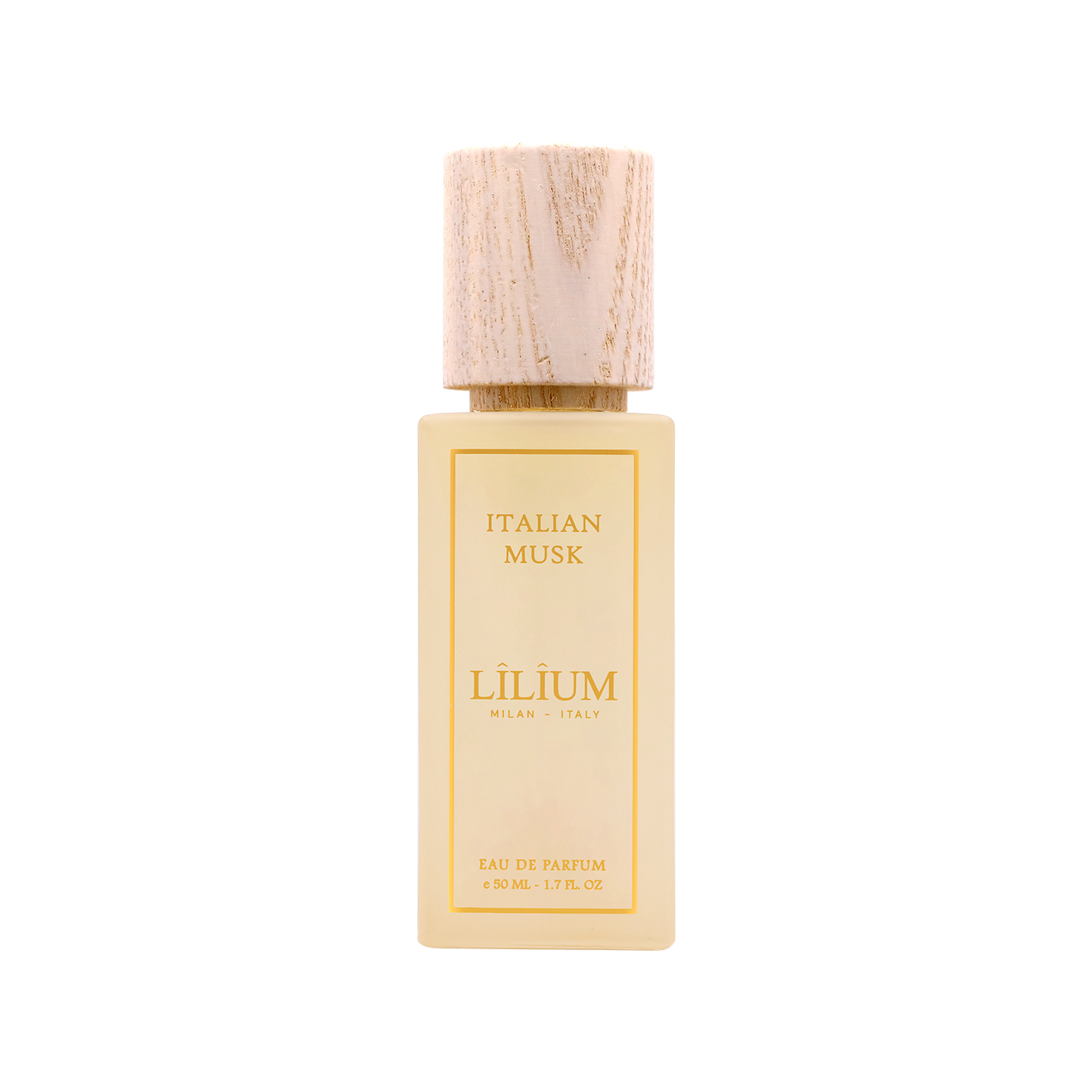 Italian Musk eau de parfum 50 ML by LÎLÎUM Milan, cream glass bottle with a pale wooden cap